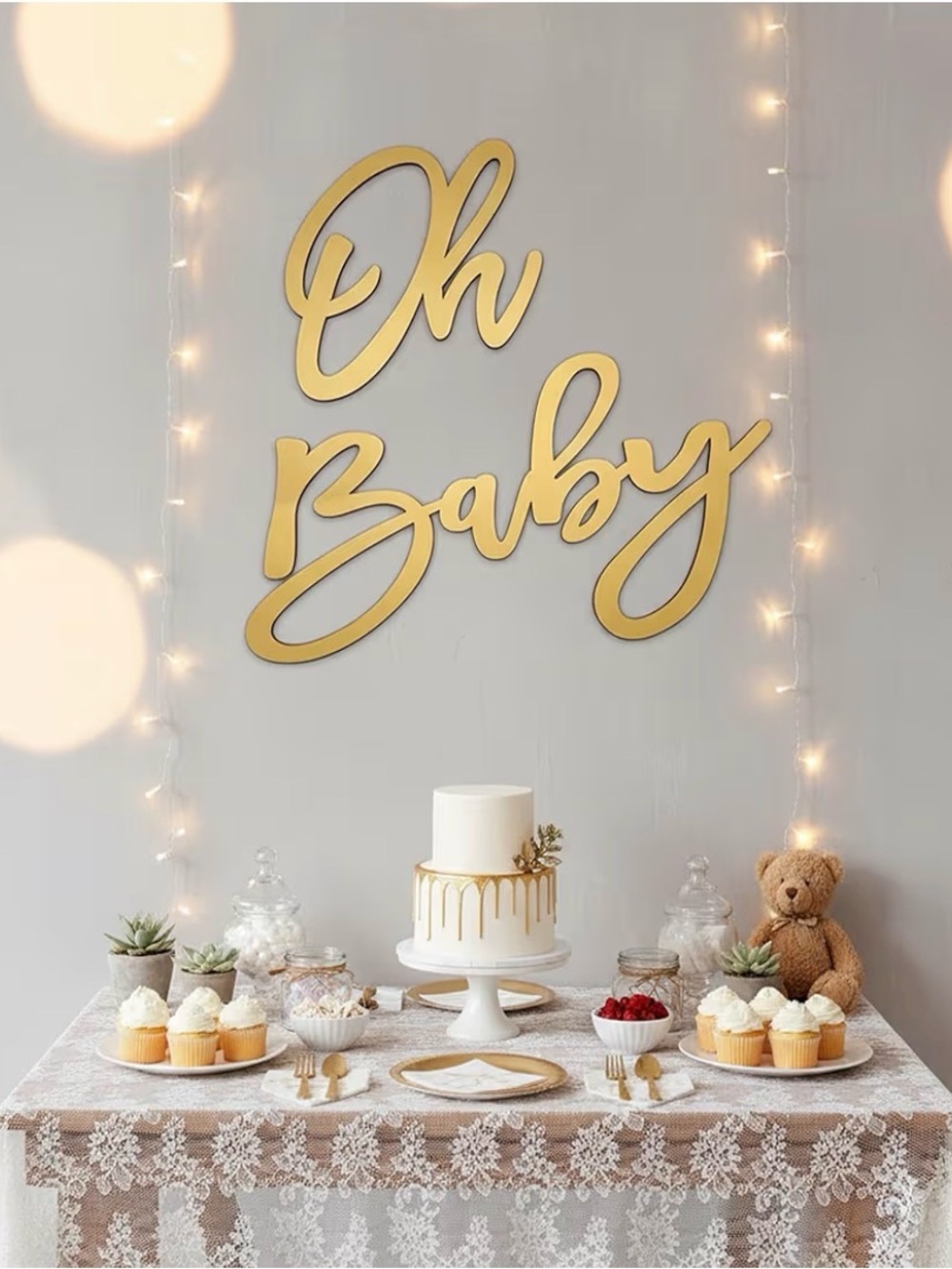 Gold Wooden "Oh Baby" Wall Sign - Elegant Baby Shower Decor